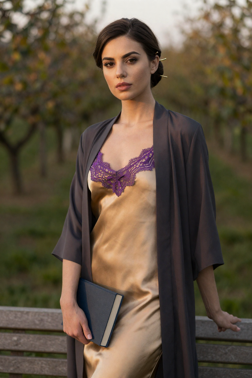 Fictional 27-year-old woman, dark brown hair in a smooth low bun held with a small plain